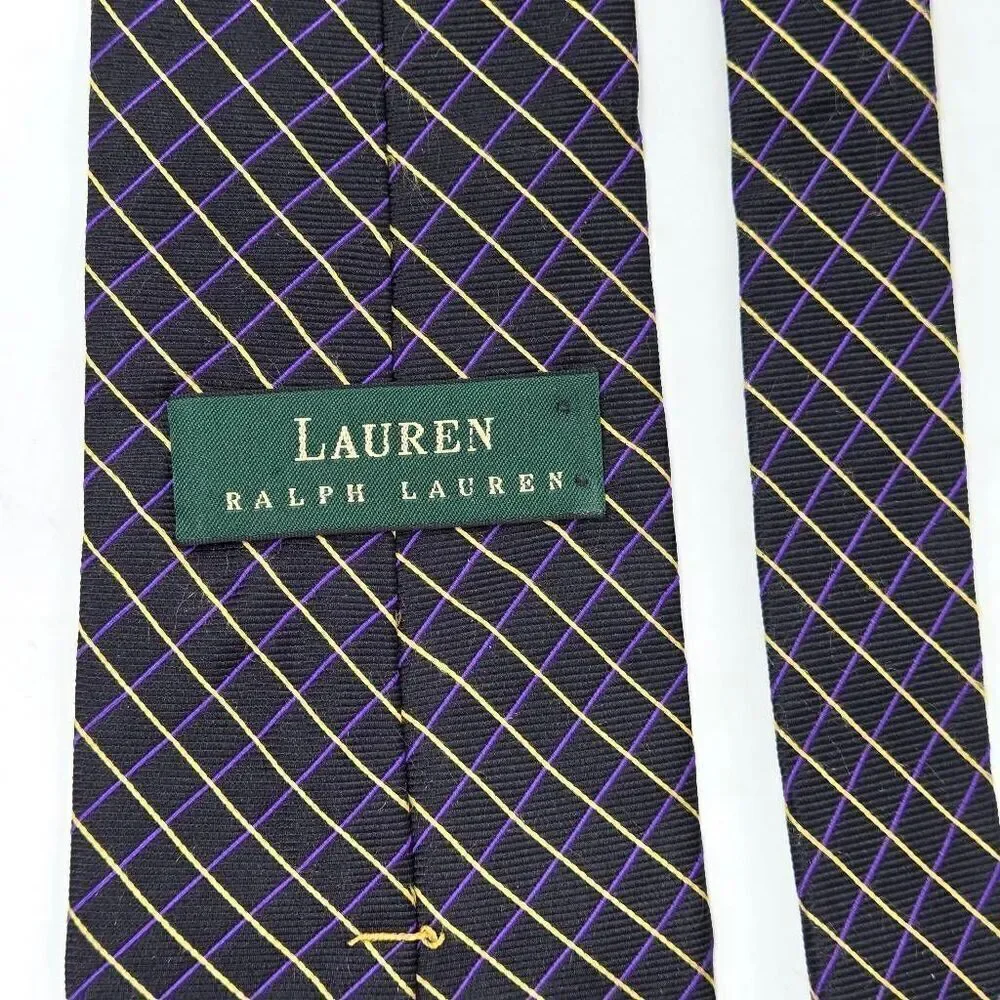 LAUREN RALPH LAUREN LRL SILK TIE BLACK PURPLE YELLOW STRIPE SATIN 4